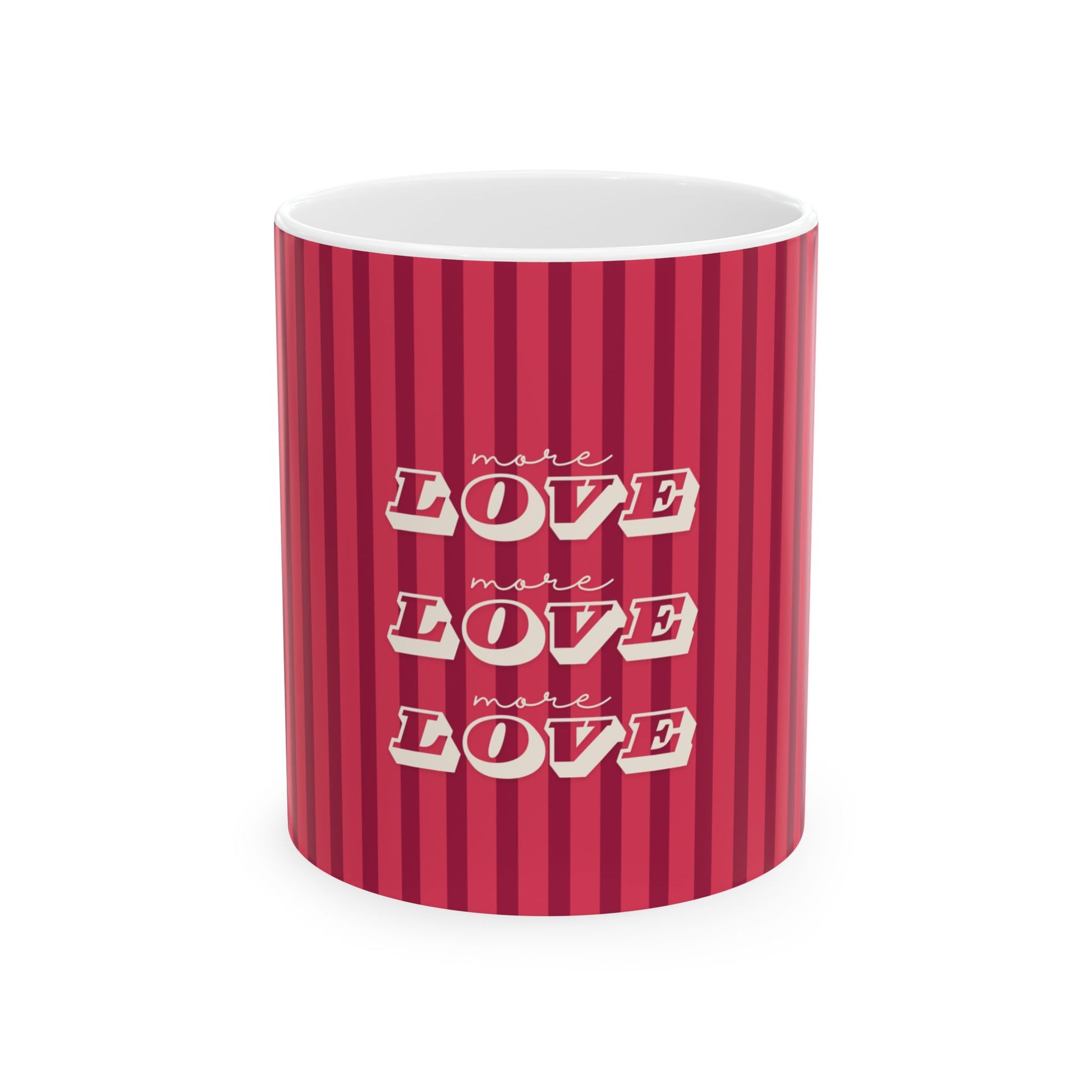 Red striped mug with 'more love' text on a white background