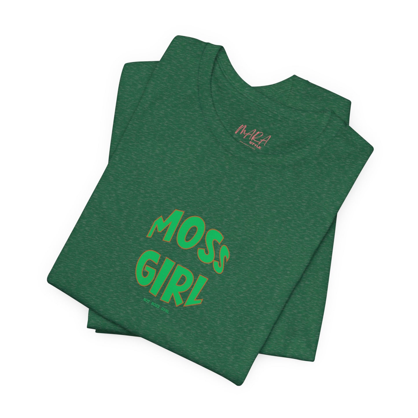 Green t-shirt with 'Moss Girl' text on a white background