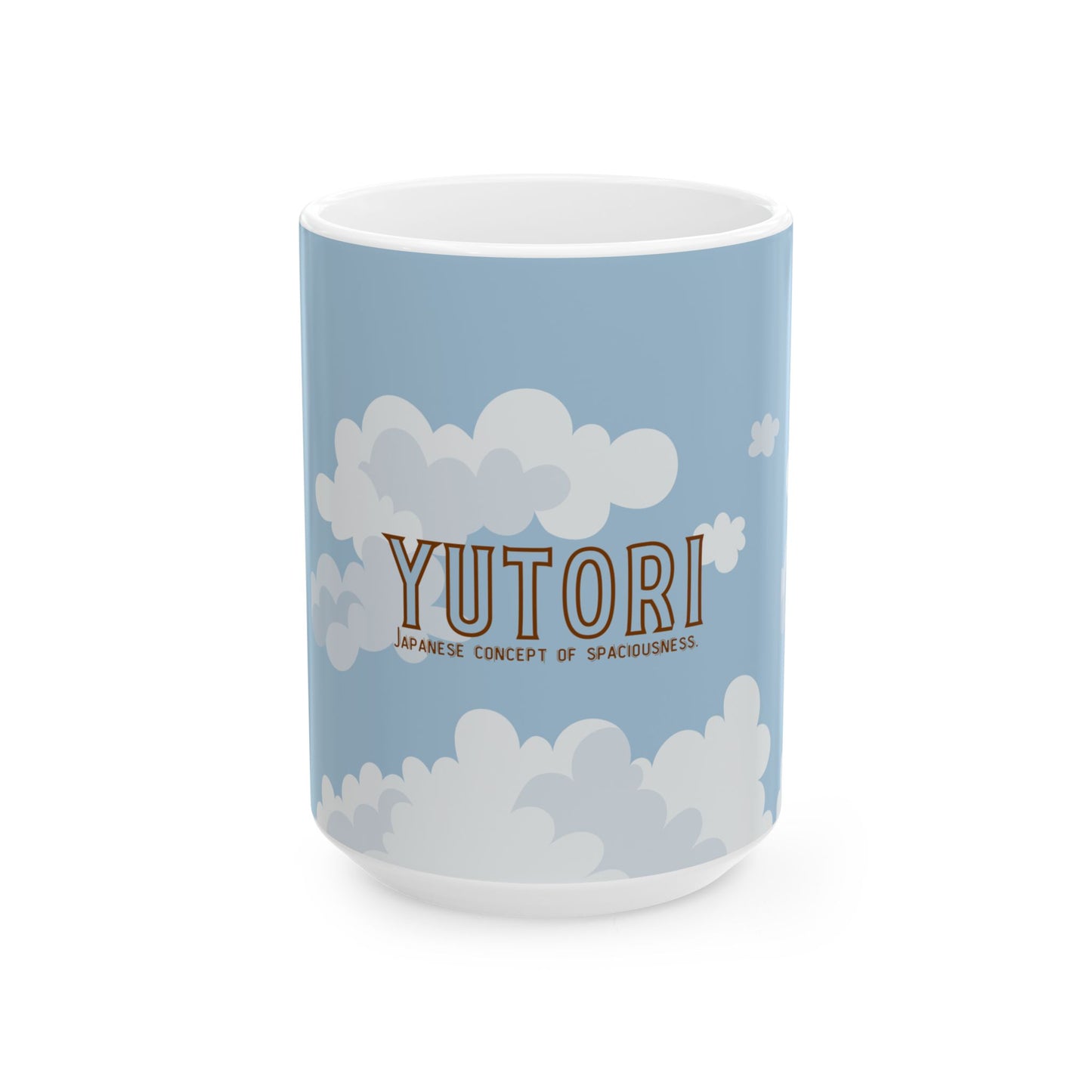 A light blue ceramic mug with a white interior and base, decorated with stylized white clouds and the word 'YUTORI' in brown outlined letters, on a clean white background.