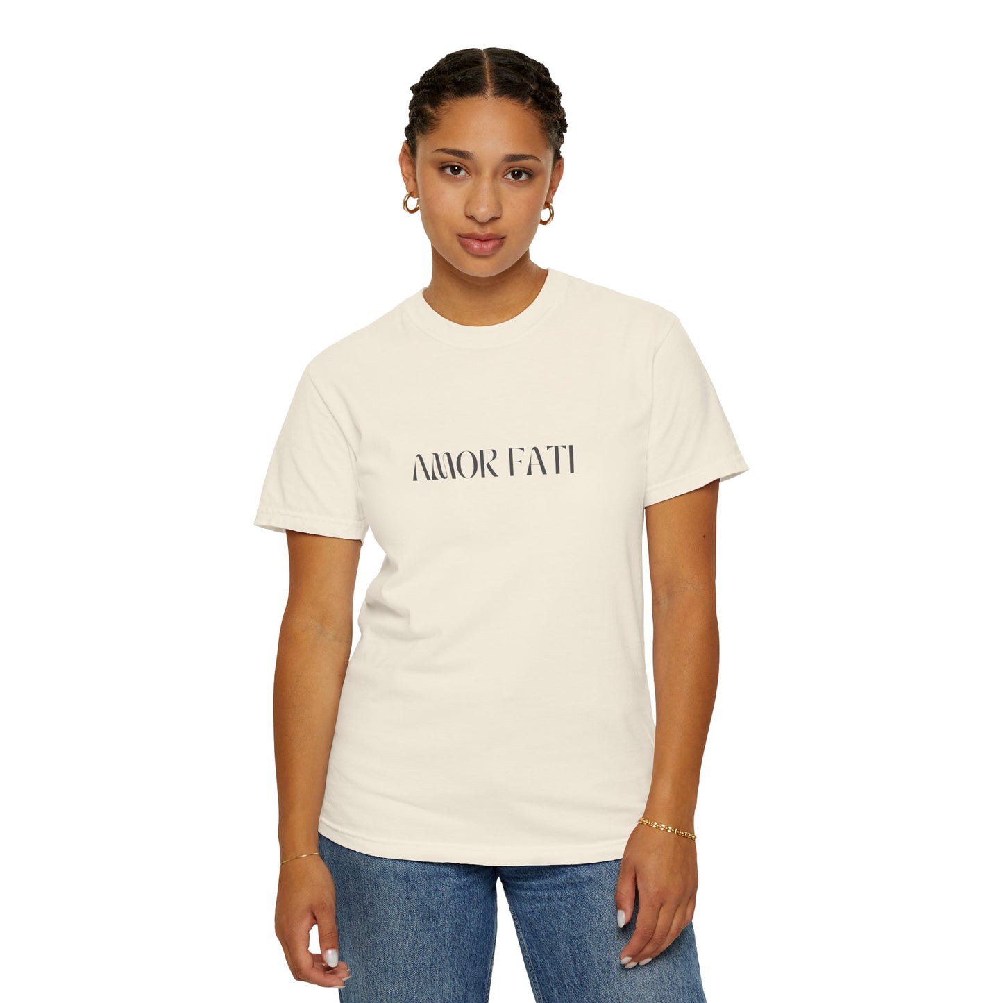 Person wearing a white t-shirt with 'AMOR FATI' text on a white background