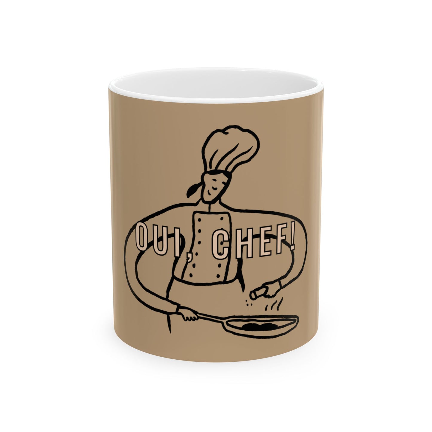 Brown mug with a chef graphic and 'Out, Chef!' text on a white background