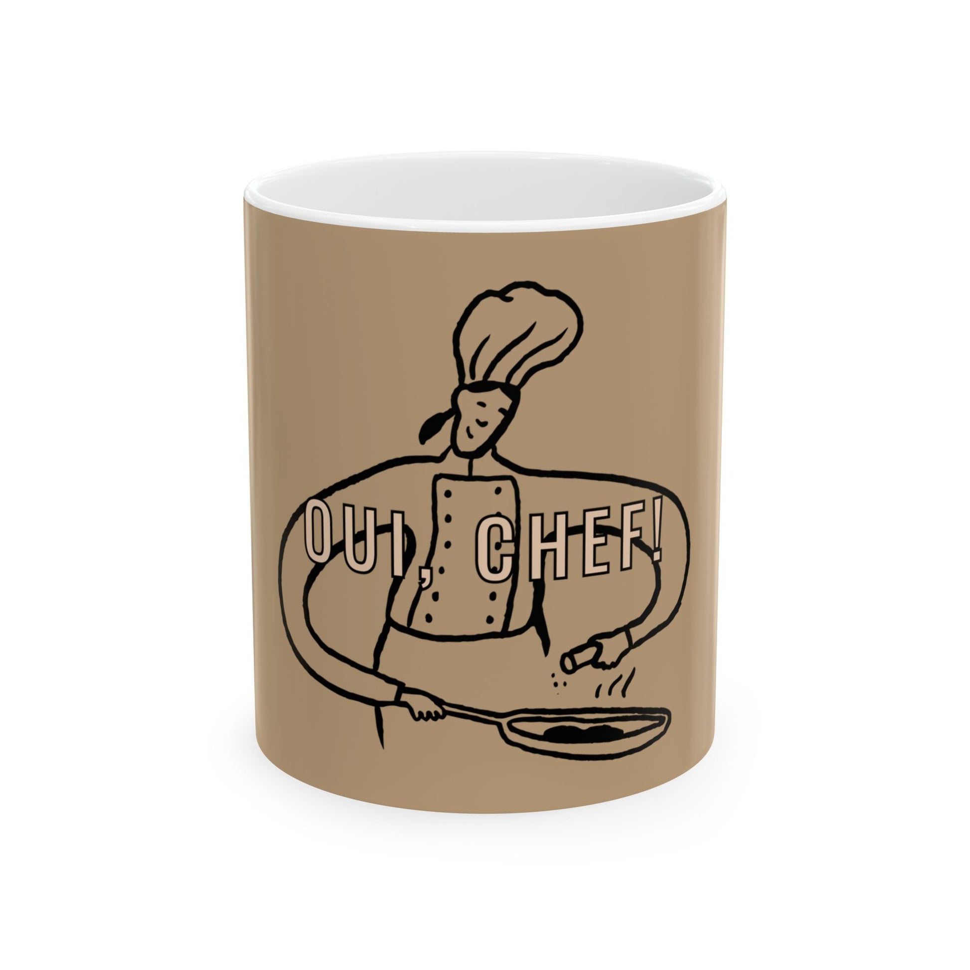 Brown mug with a chef graphic and 'Out, Chef!' text on a white background