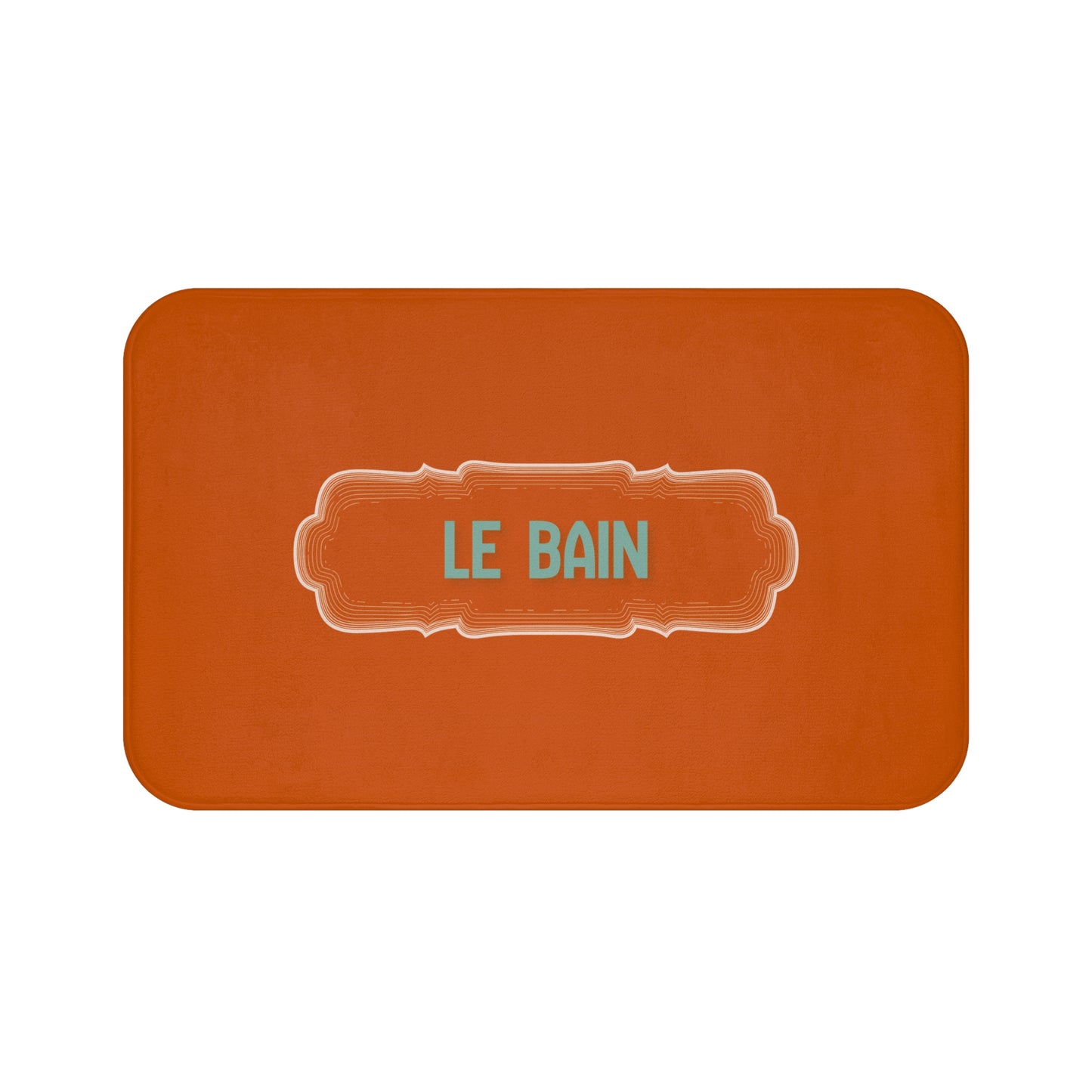 Orange bath mat with 'LE BAIN' text on a white background