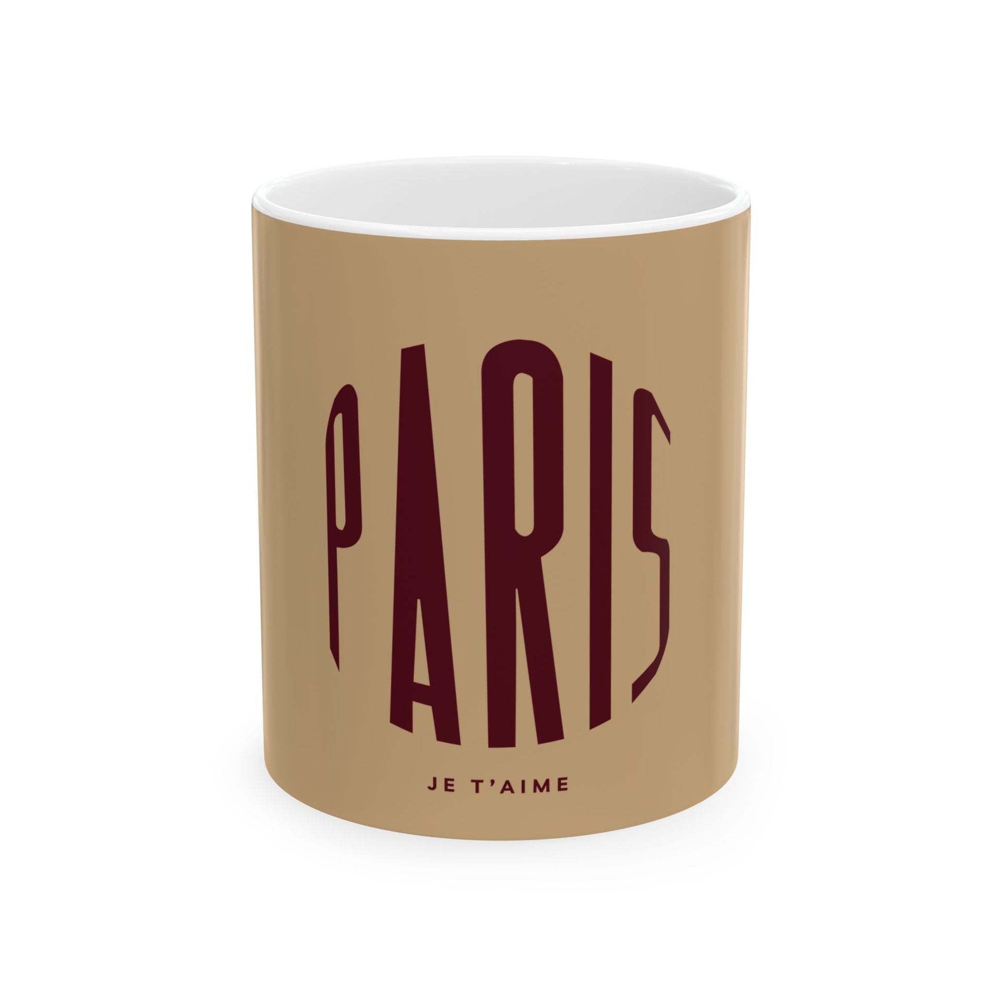 Mug with 'PARIS JE T'AIME' text on a beige background