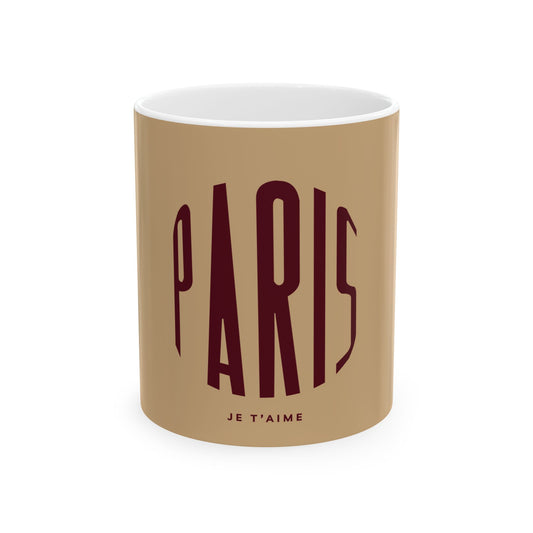 Mug with 'PARIS JE T'AIME' text on a beige background