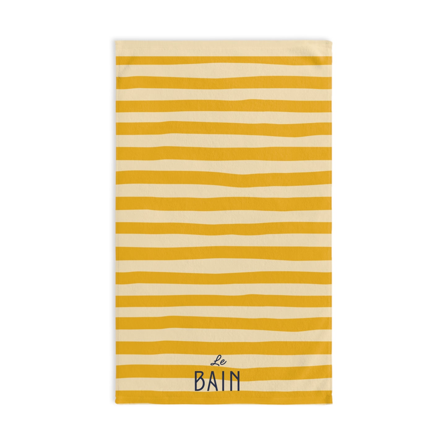 Striped towel with yellow and white stripes and 'Le Bain' text on a white background