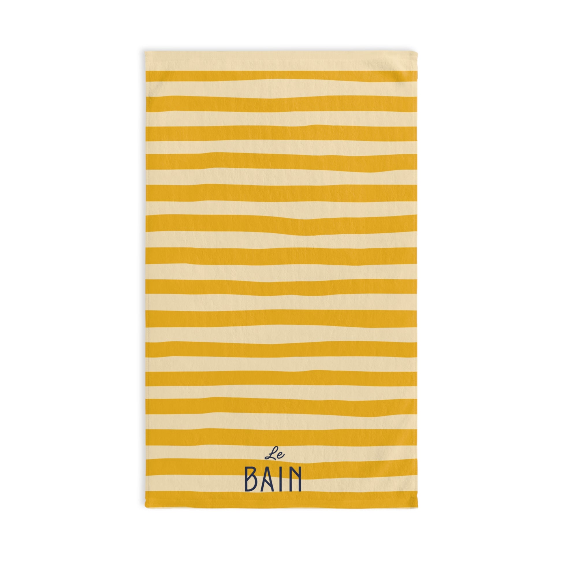 Striped towel with yellow and white stripes and 'Le Bain' text on a white background