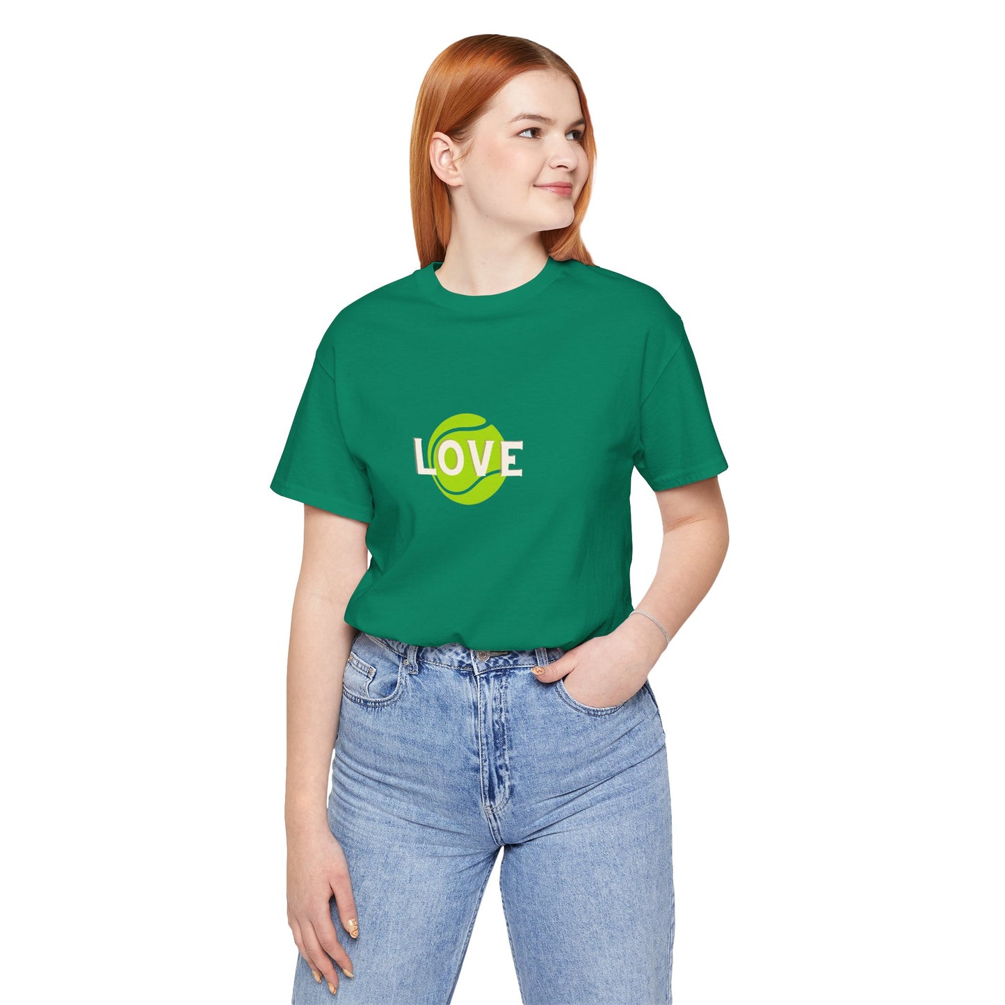 Person wearing a green t-shirt with a graphic design on a white background