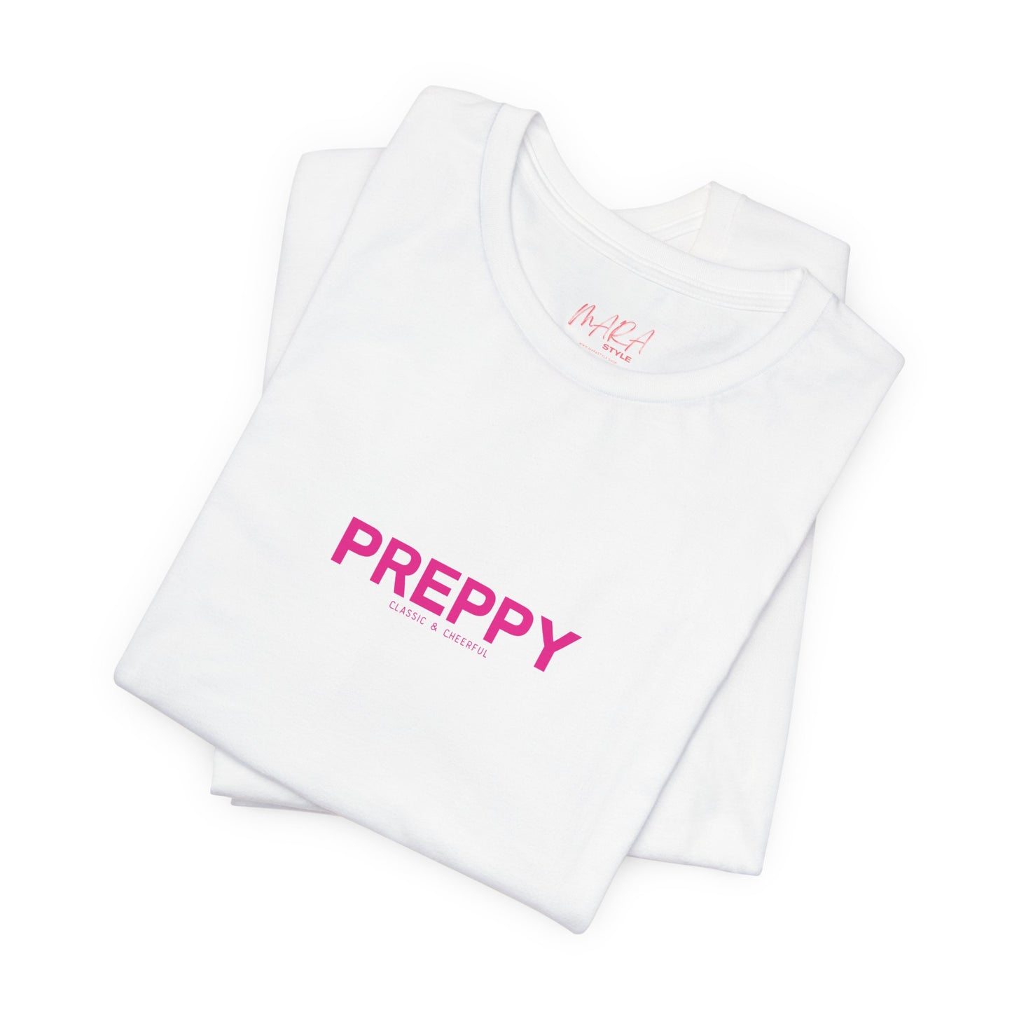 White t-shirt with 'PREPPY' text on a white background