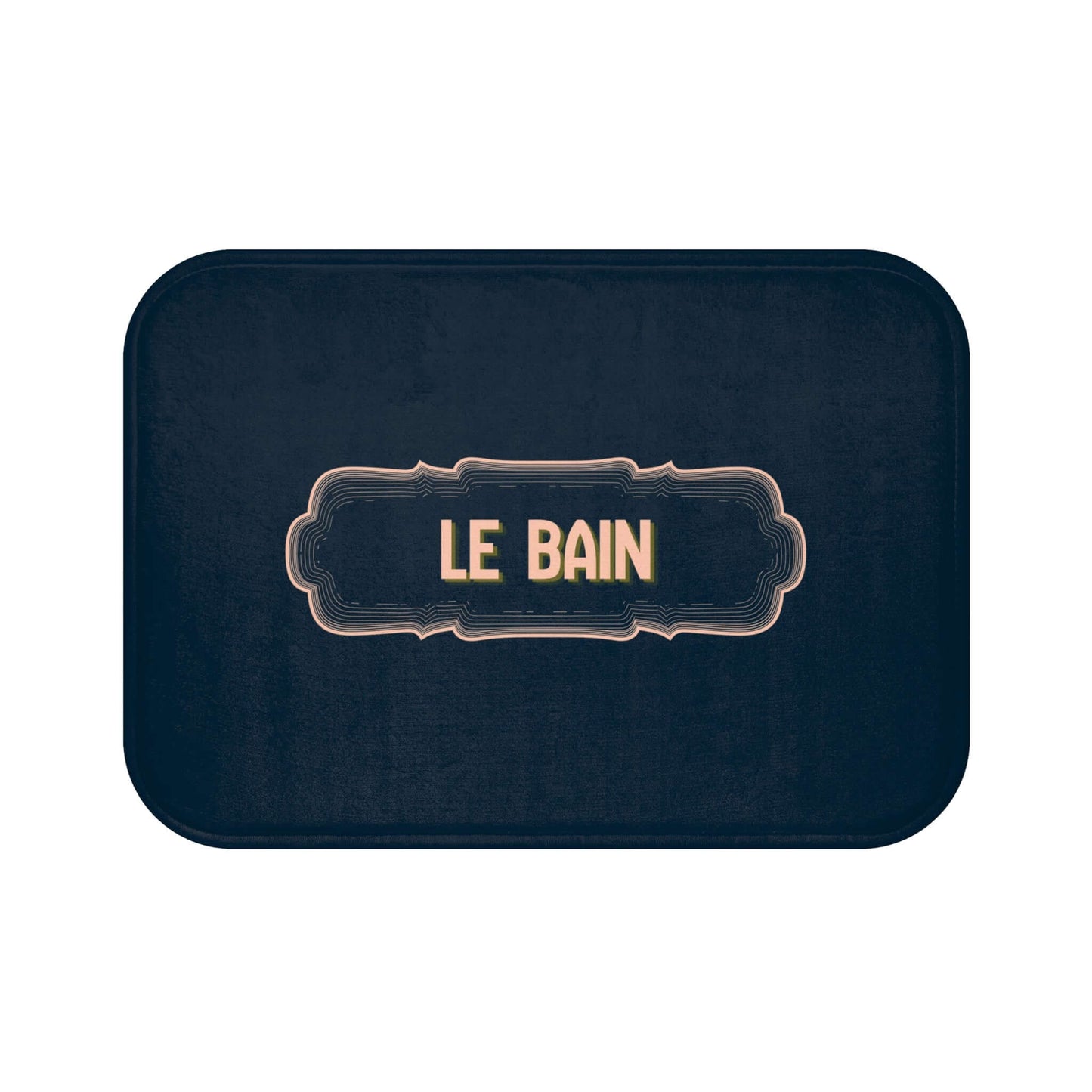 Navy bath mat with 'LE BAIN' text on a white background