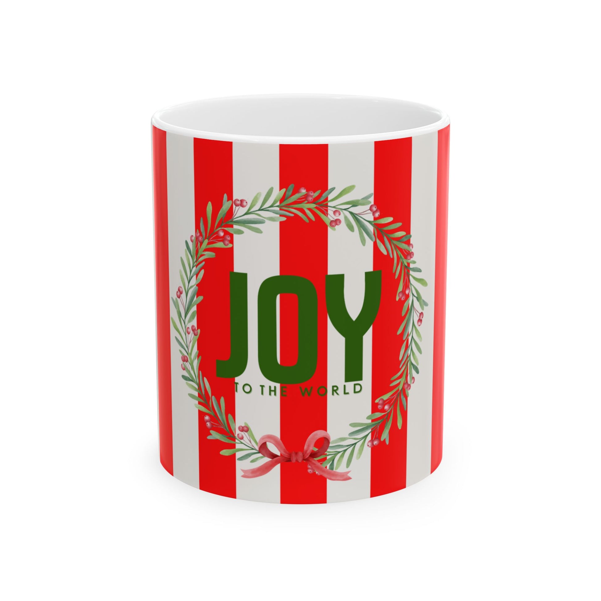 Christmas-themed mug with red and white stripes, green wreath, and 'JOY TO THE WORLD' text.