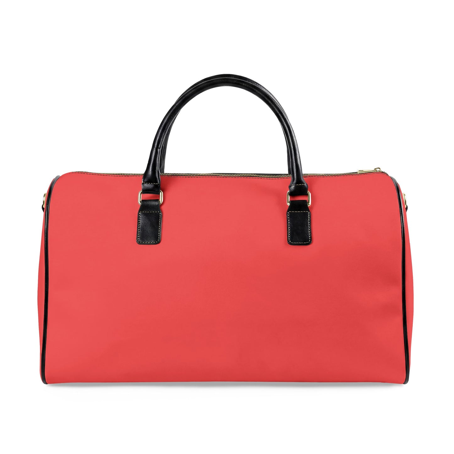 Red duffel bag with black handles on a white background