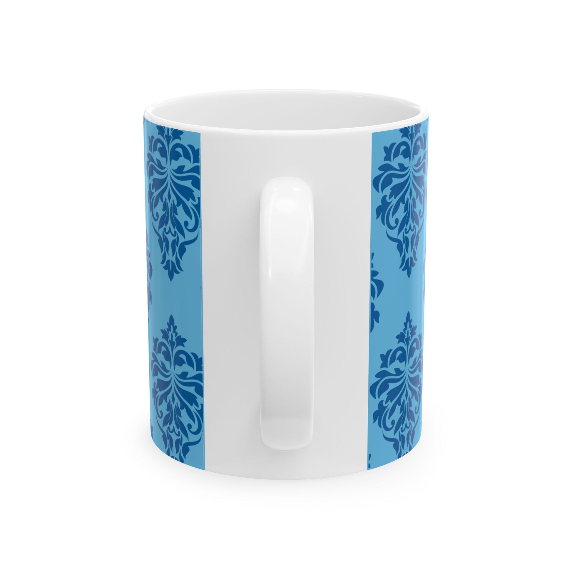 White mug with blue decorative patterns on a white background
