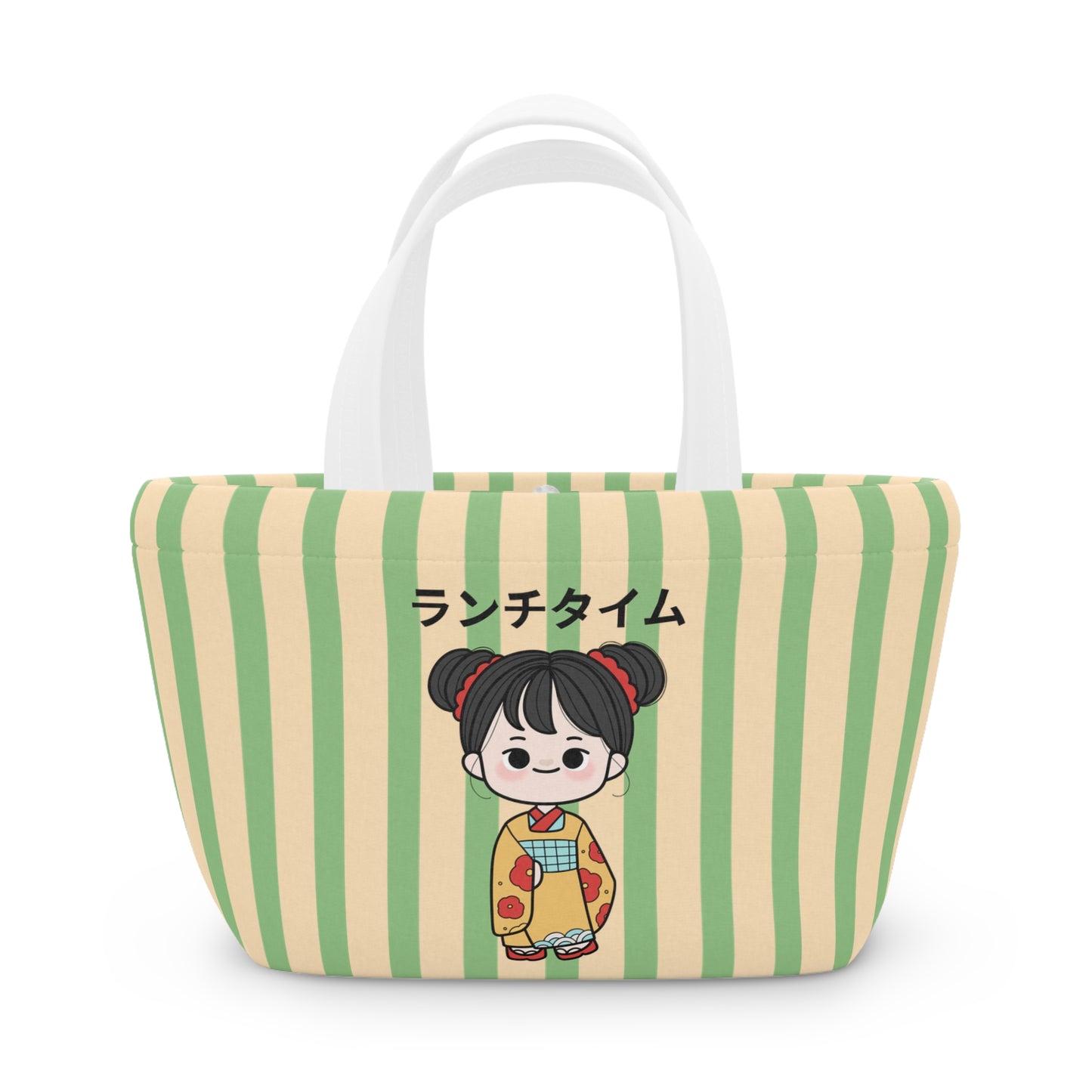 A green and beige striped canvas tote bag with white shoulder straps, featuring a cartoon girl in a yellow kimono and black Japanese text 'なーグー' printed on the front.