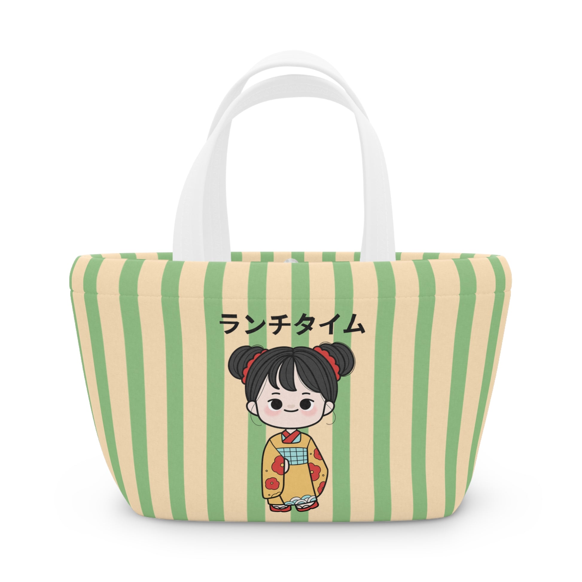 A green and beige striped canvas tote bag with white shoulder straps, featuring a cartoon girl in a yellow kimono and black Japanese text 'なーグー' printed on the front.