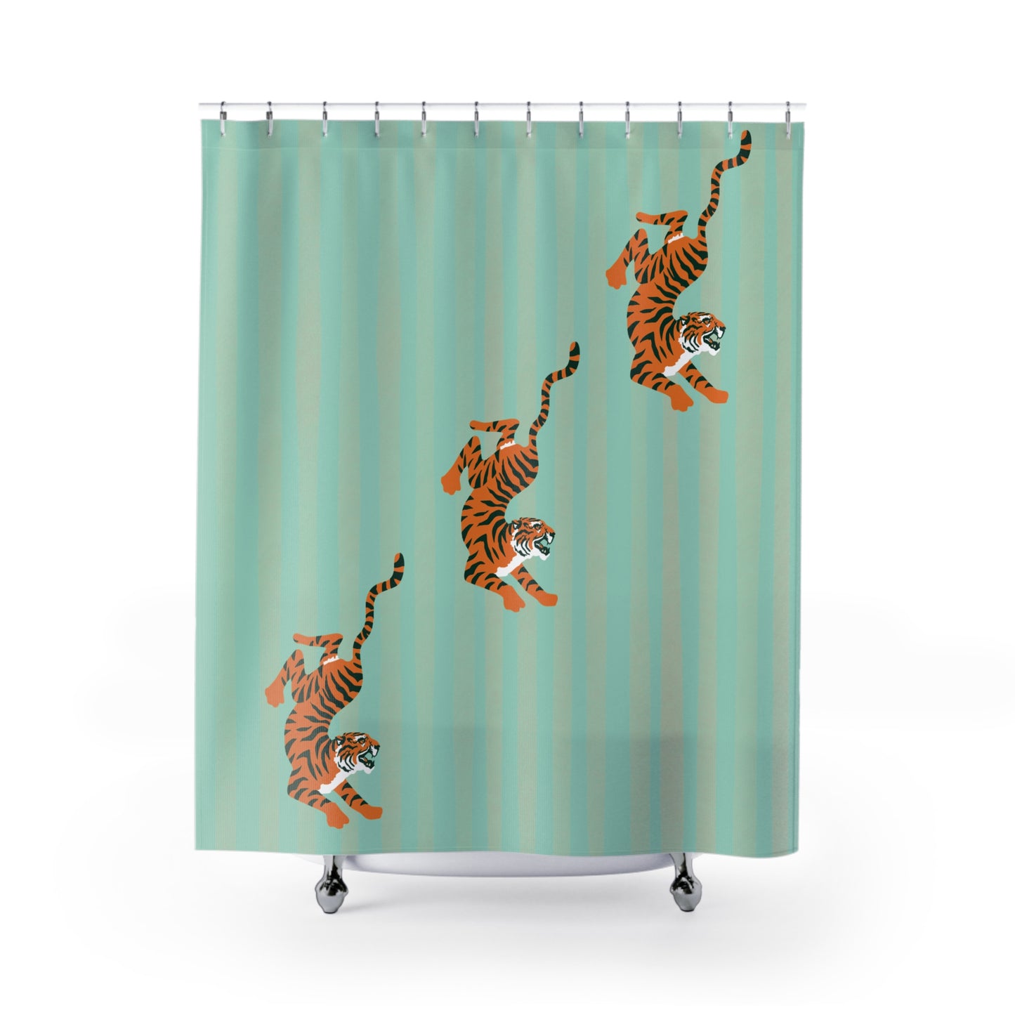 Shower curtain with tiger design on a light blue background