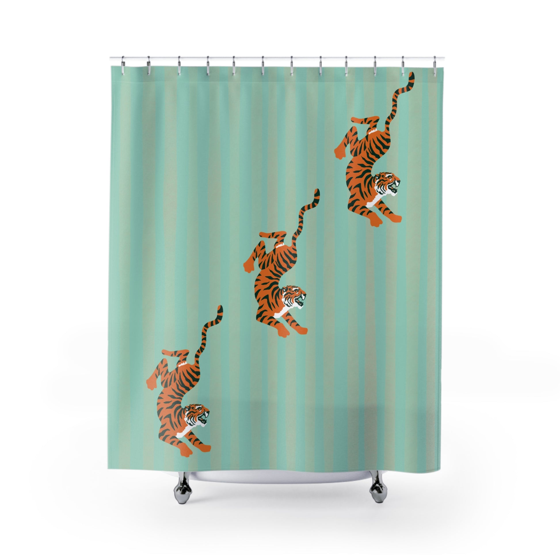 Shower curtain with tiger design on a light blue background