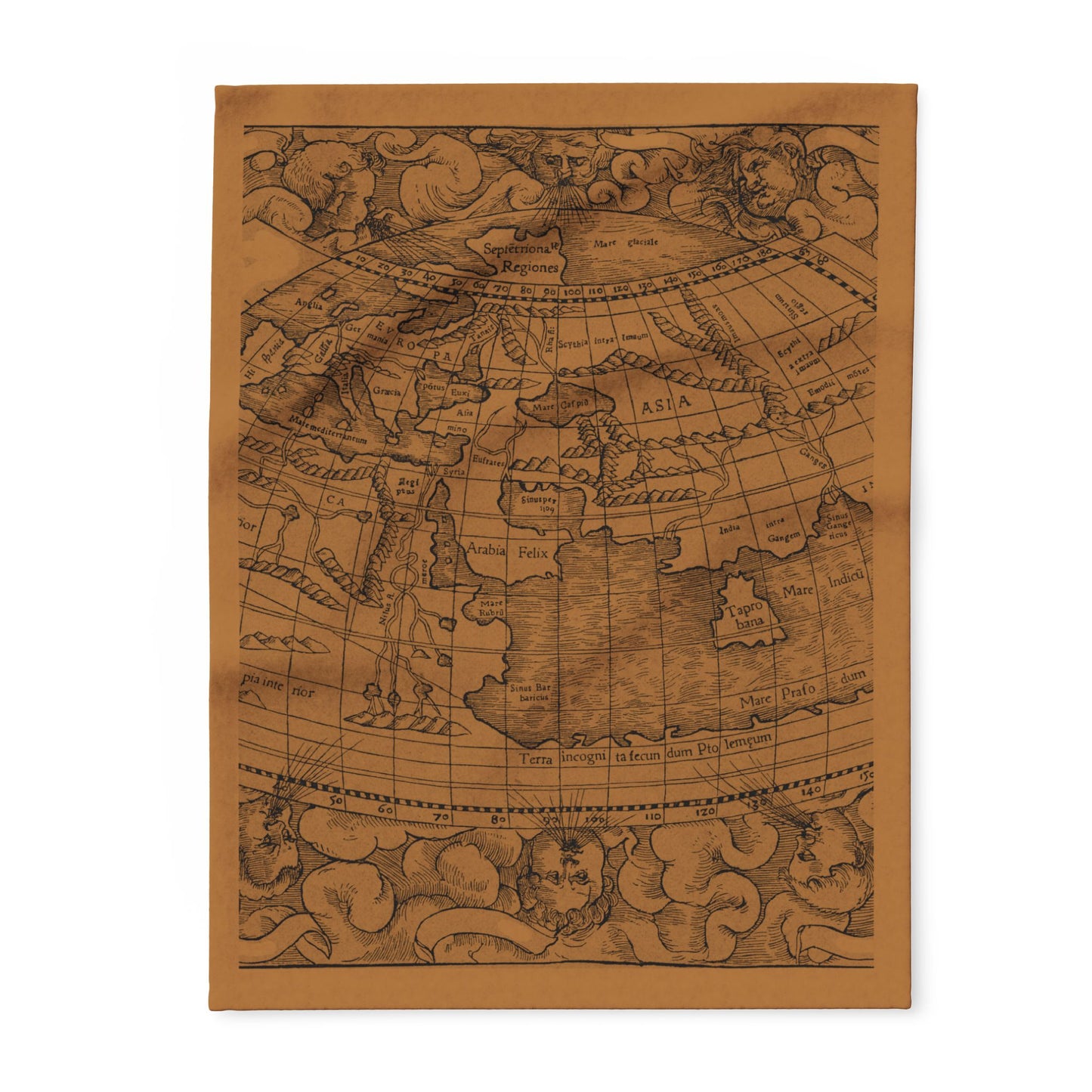 Vintage-style world map blanket on a brown background