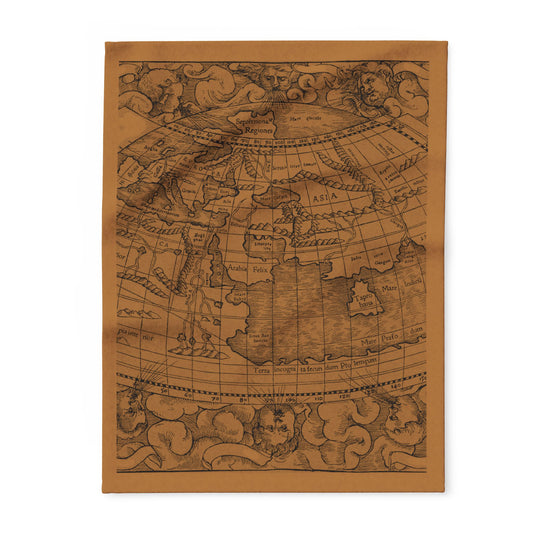 Vintage-style world map blanket on a brown background