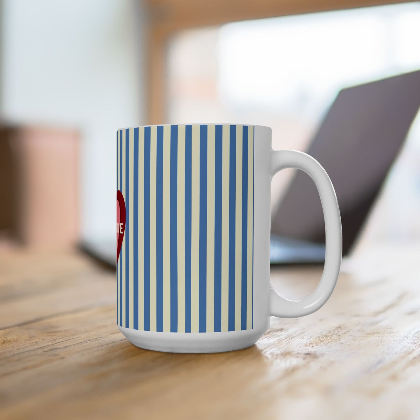 J'adore le Café Heart Stripe Mug, BLUE  — Coffee Lover Gift