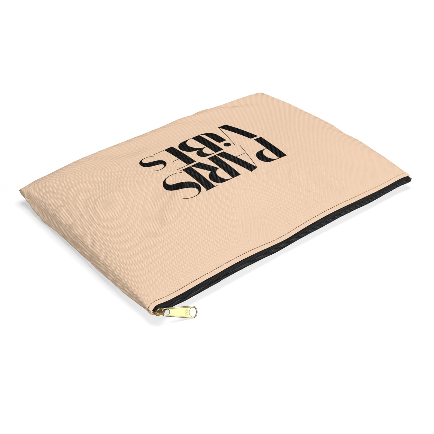 Beige pouch with black text on a white background