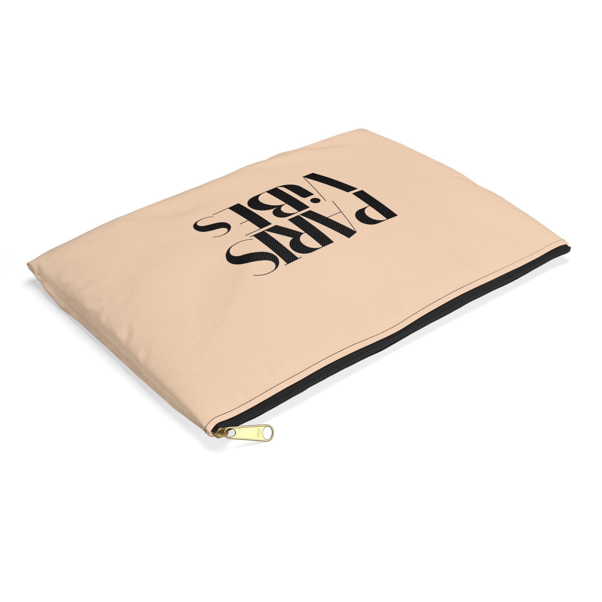 Beige pouch with black text on a white background