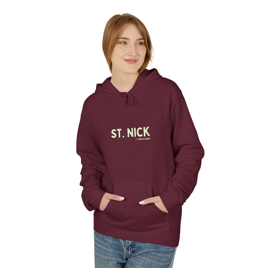 Person wearing a maroon hoodie with 'ST. NICK' text on a white background