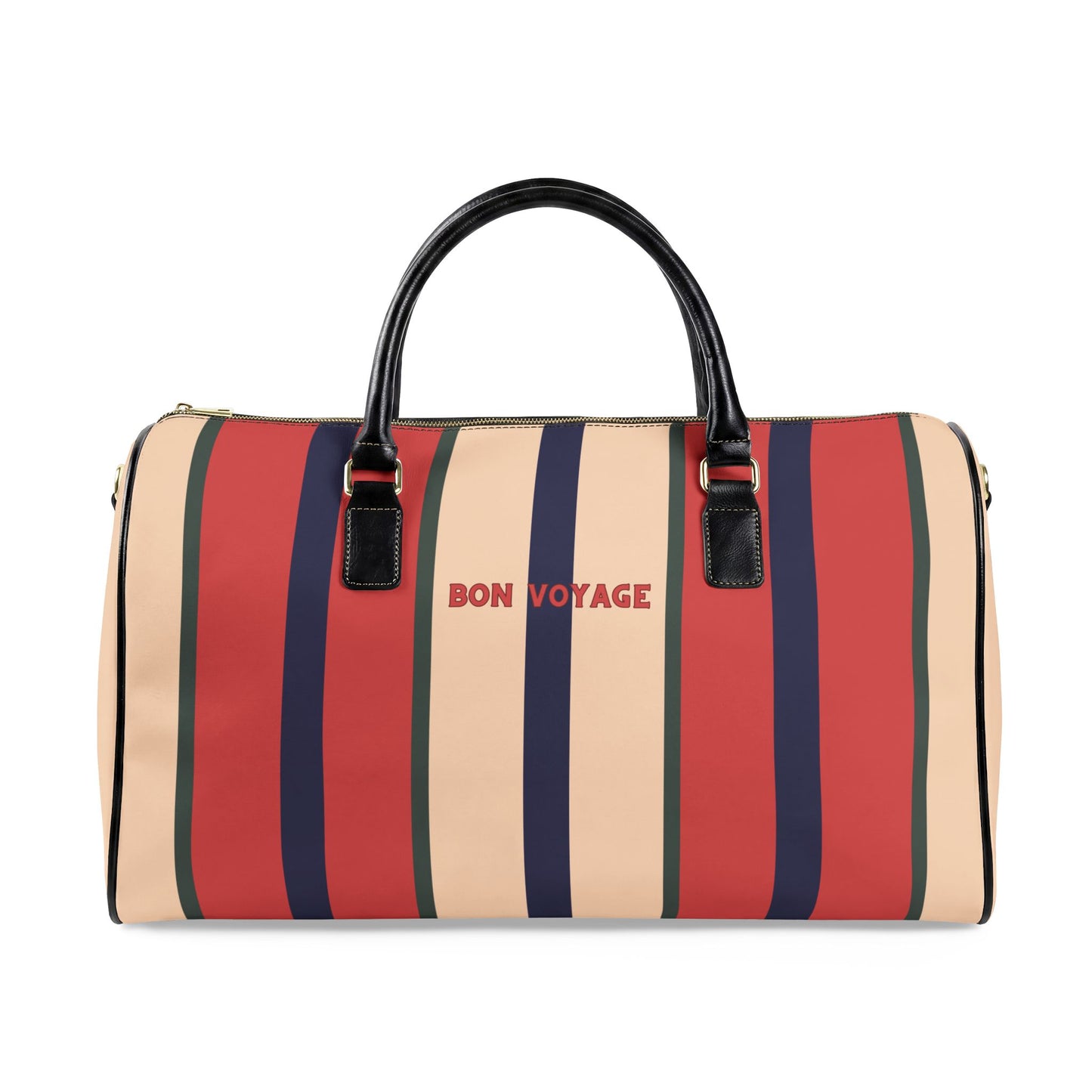 Striped duffel bag with 'Bon Voyage' text on a white background
