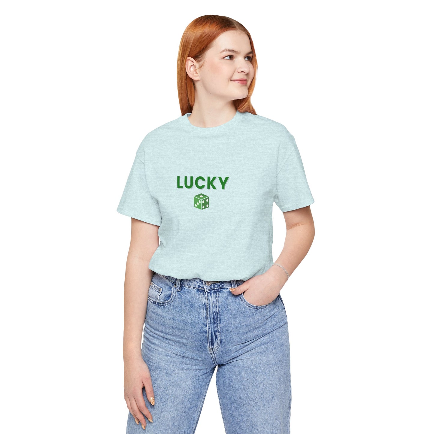 Person wearing a light blue t-shirt with 'LUCKY' printed on it, standing against a white background.