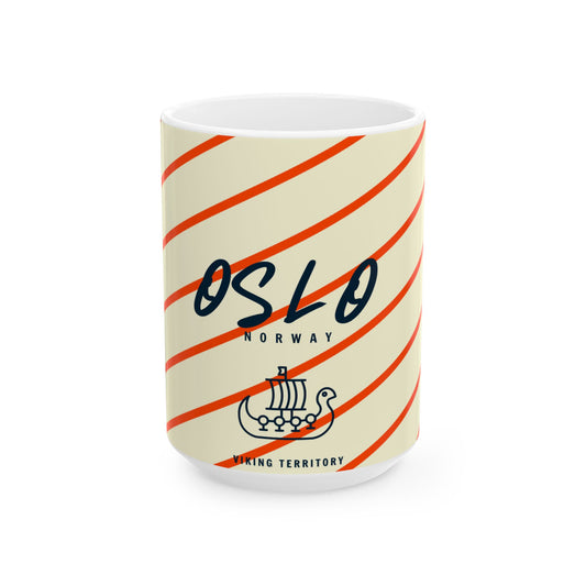 Mug with red and white striped design and 'Oslo Norway' text on a beige background