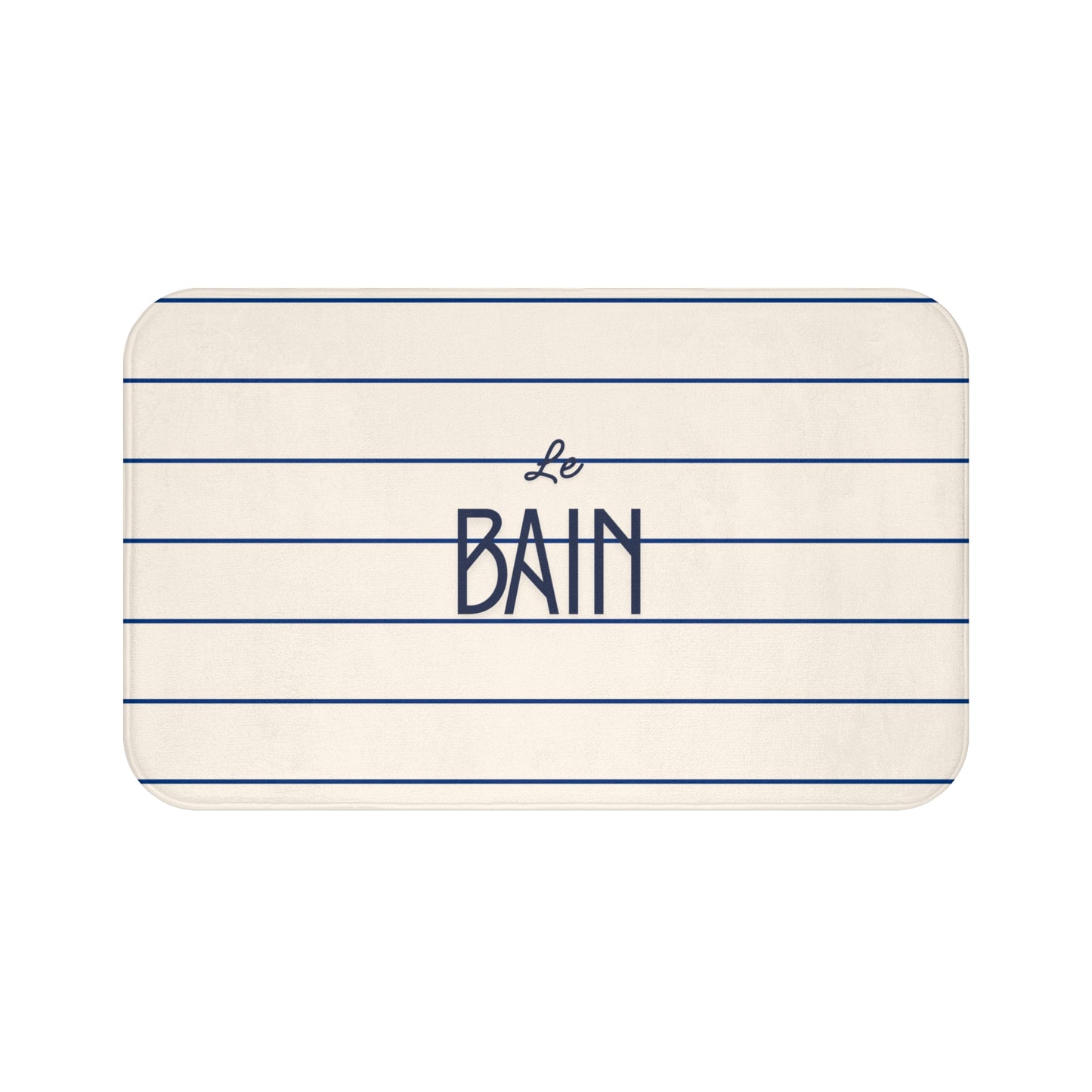 Rectangular bath mat with 'Le Bain' text on a white background
