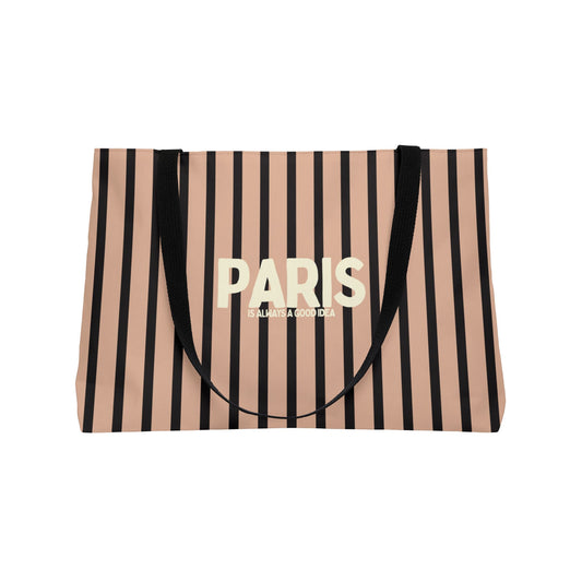 Striped bag with 'PARIS' text on a white background