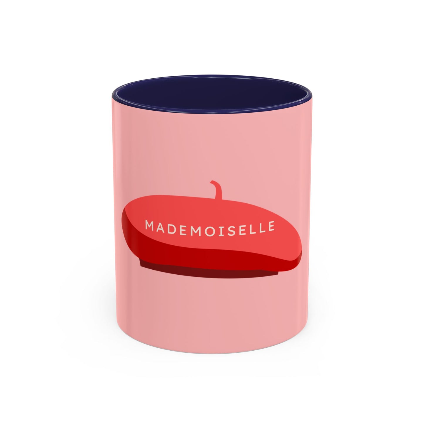 Pink mug with a red beret design and 'MADEMOISELLE' text on a white background