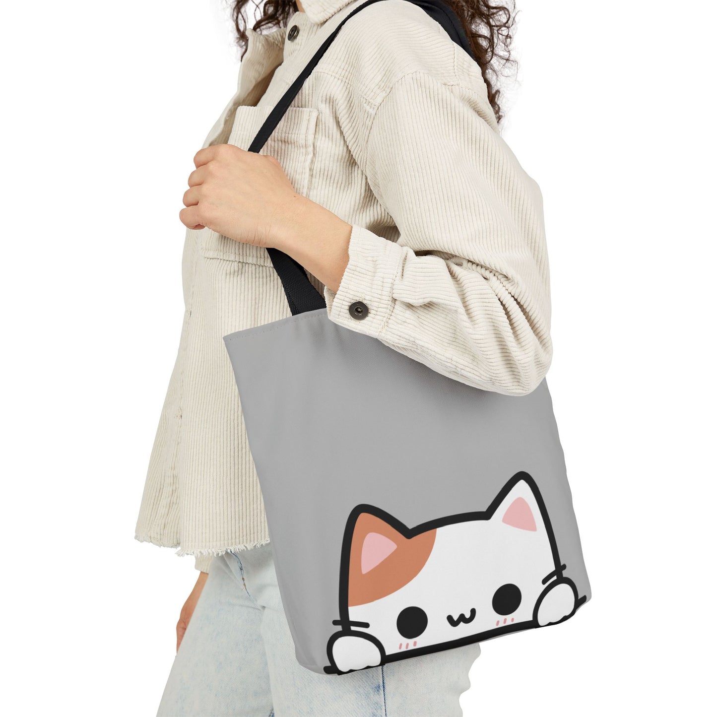Kawaii Cat Canvas Tote — Light GREY