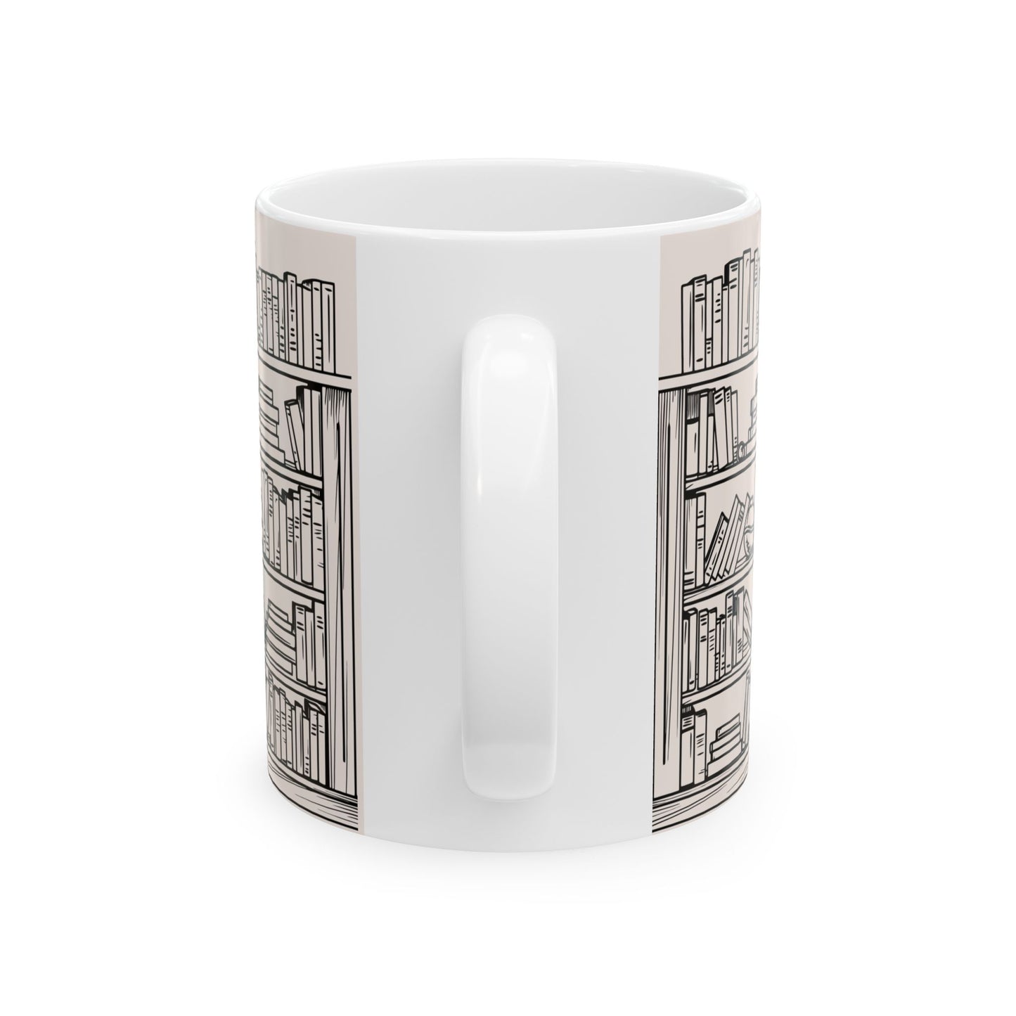 White mug with black bookshelf design on a white background