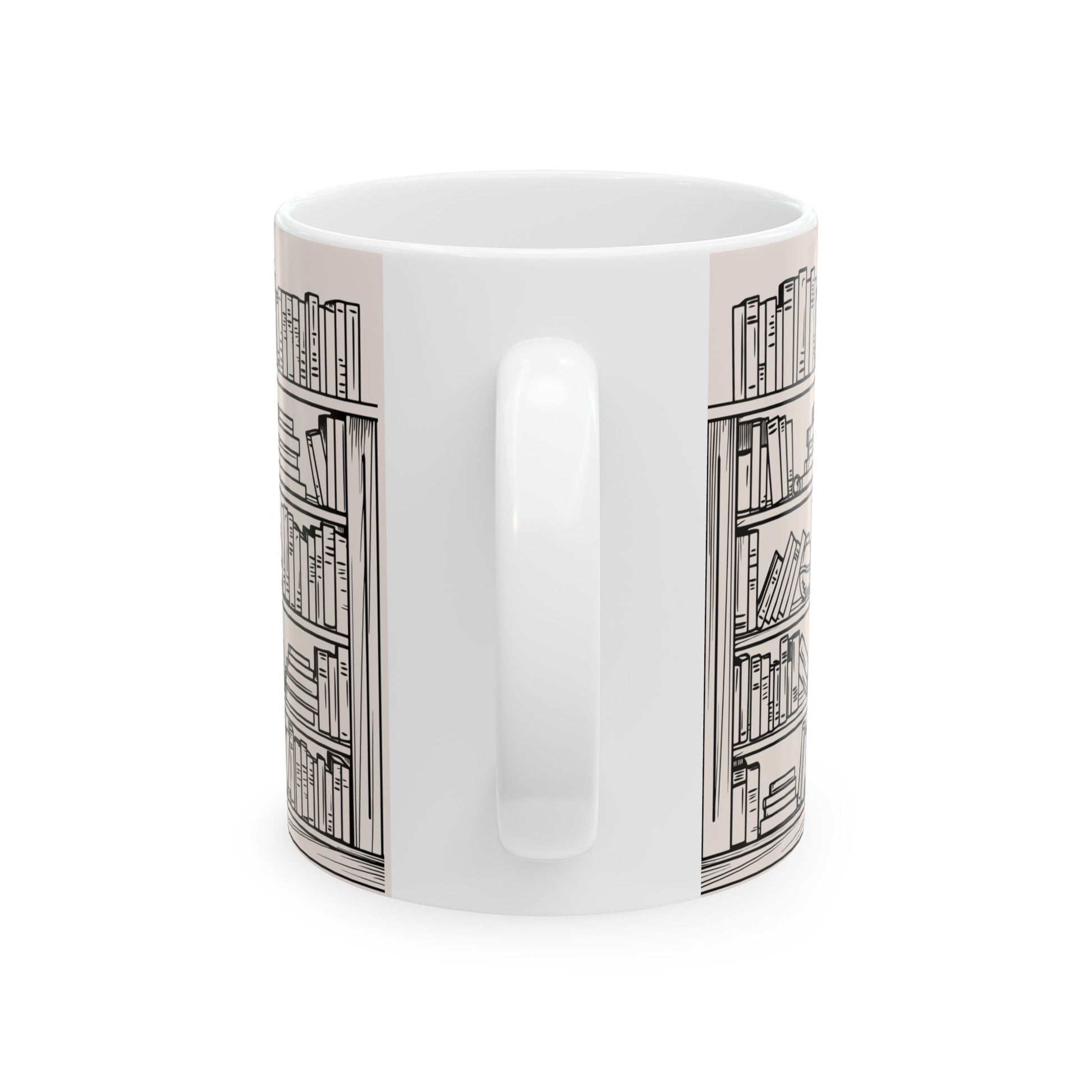White mug with black bookshelf design on a white background