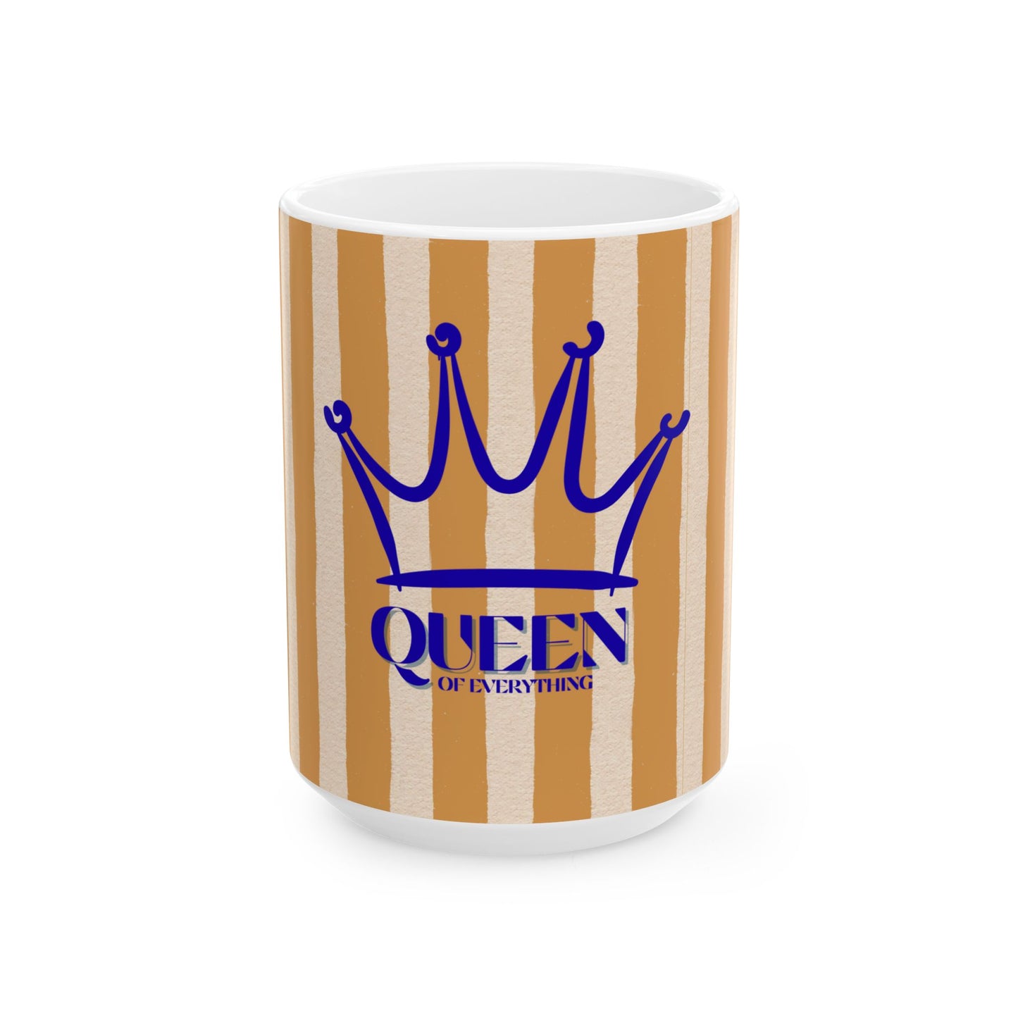 Mug with striped pattern and blue crown design on a white background