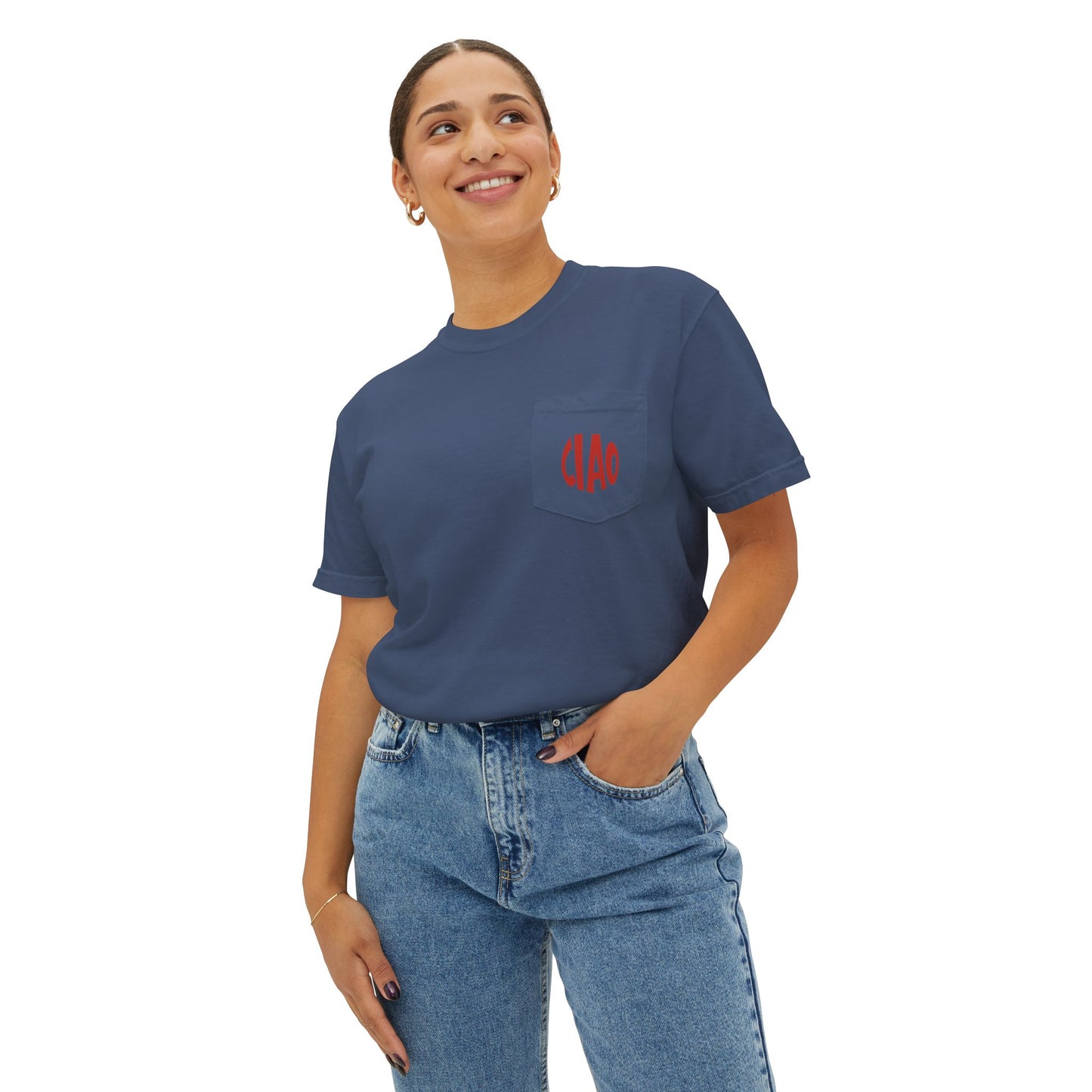 Person wearing a blue t-shirt with a red logo and jeans on a white background