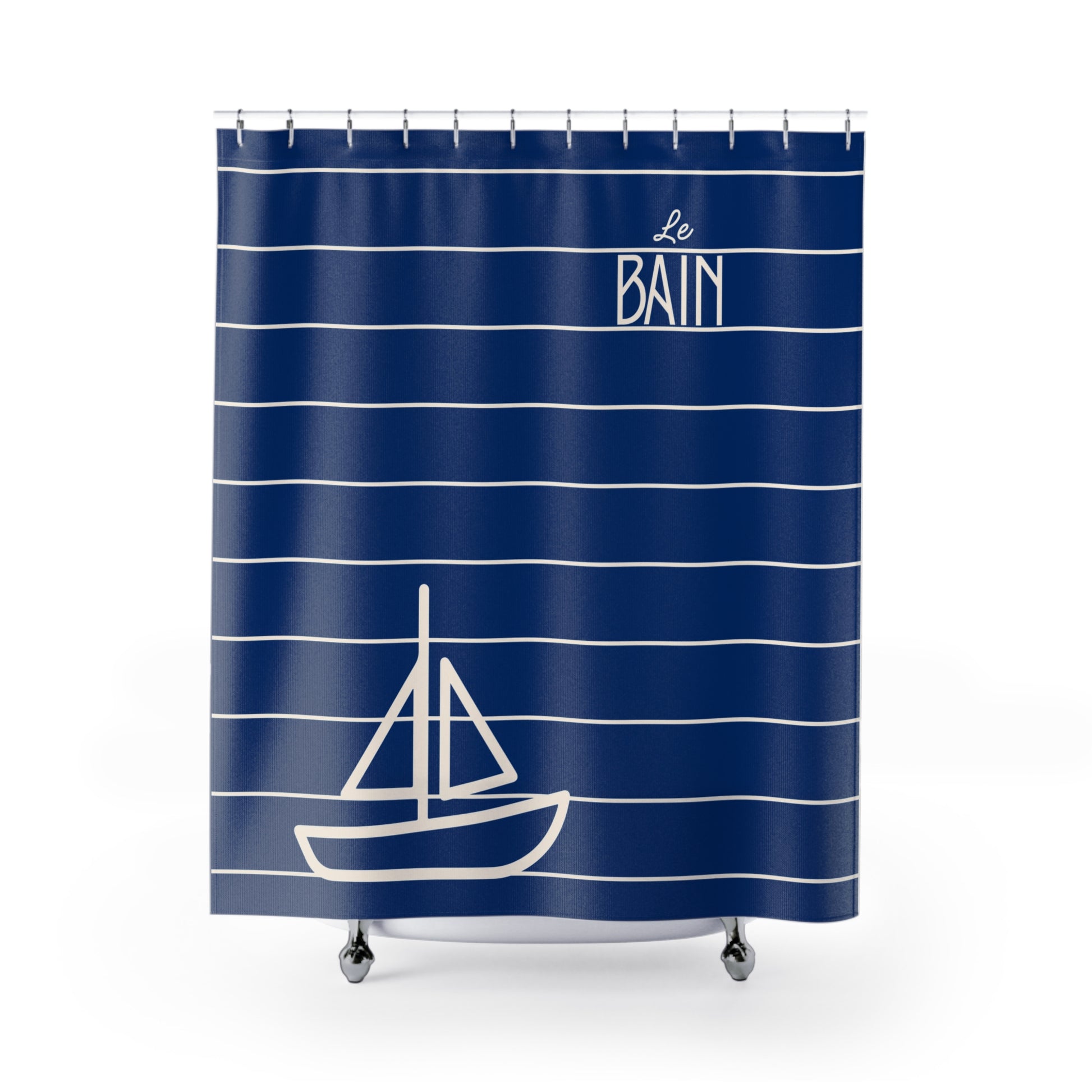 Navy blue shower curtain with white stripes and sailboat design on a white background