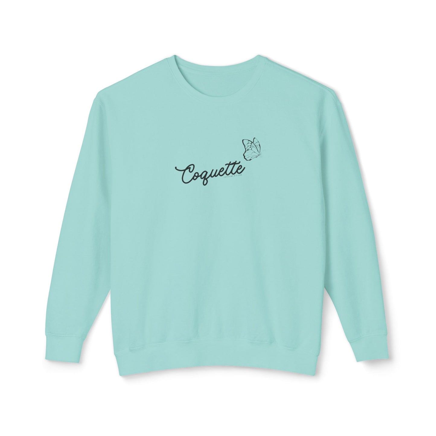 Light blue sweatshirt with 'Coquette' text on a white background