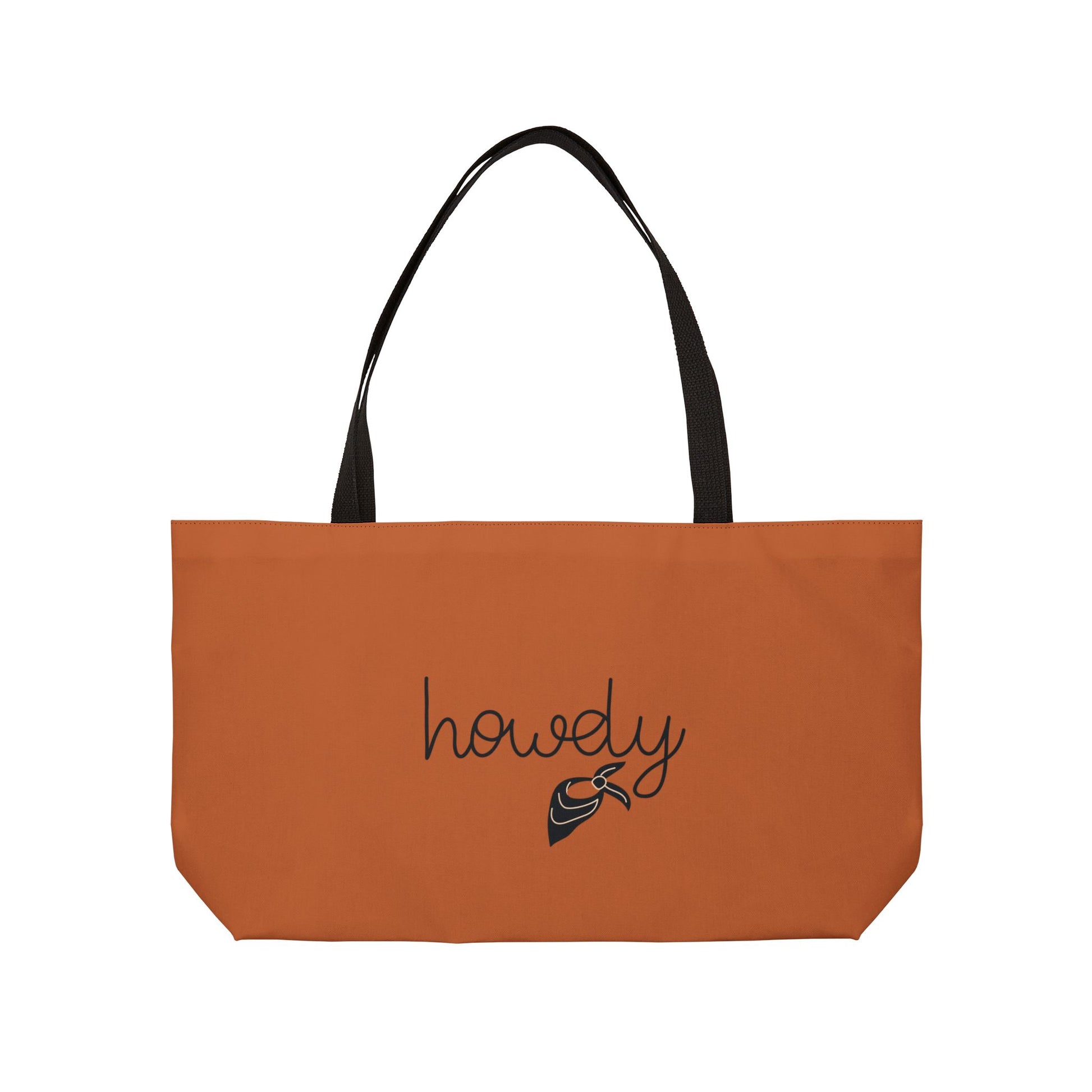 Orange tote bag with 'howdy' and a horse graphic on a white background