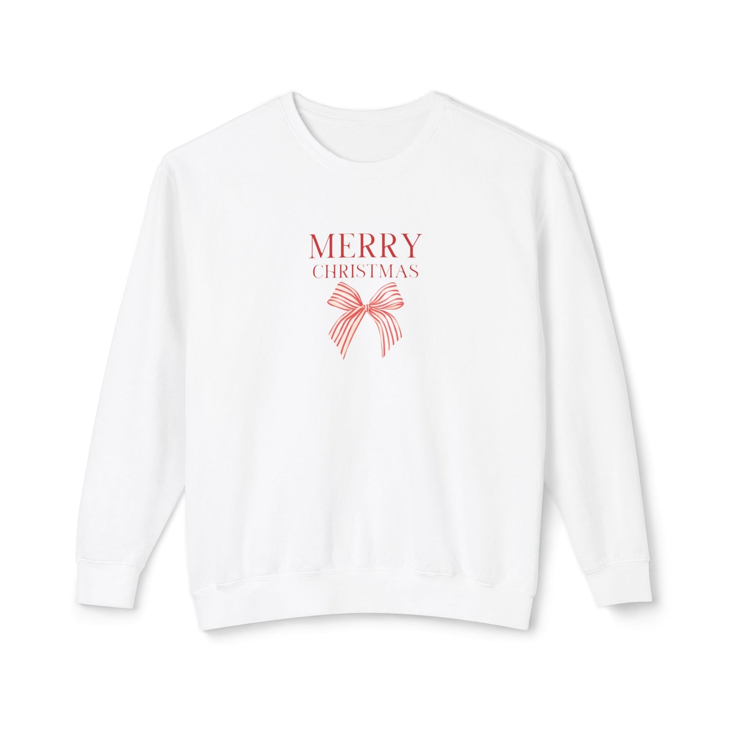 A white crewneck sweatshirt with a red graphic print on the chest that reads 'MERRY CHRISTMAS' above a red bow illustration, shown against a plain white background.