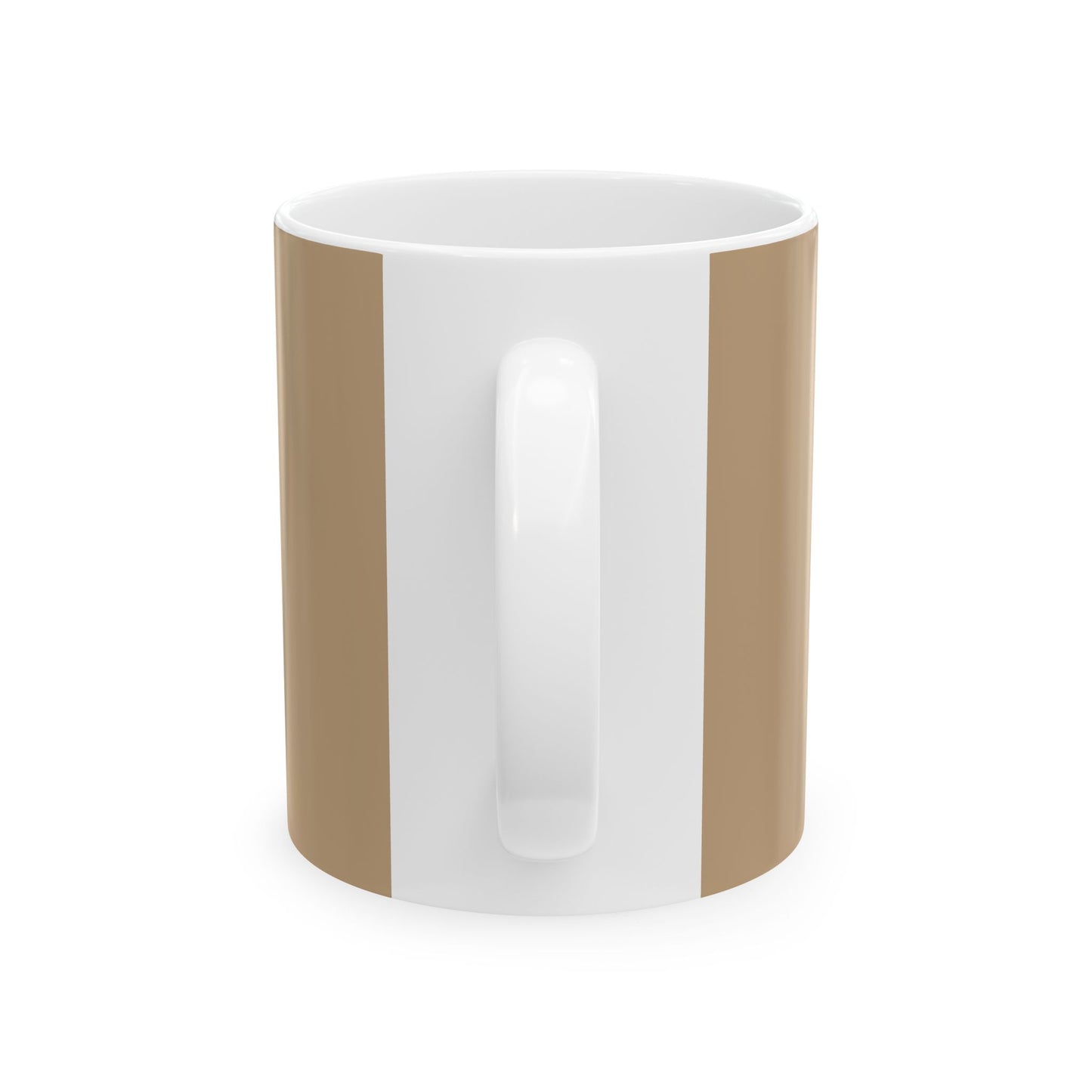 White mug with brown stripes and pink floral designs on a white background