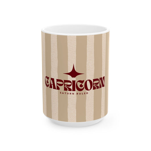 Mug with 'Capricorn' text and zodiac symbol on a striped pattern