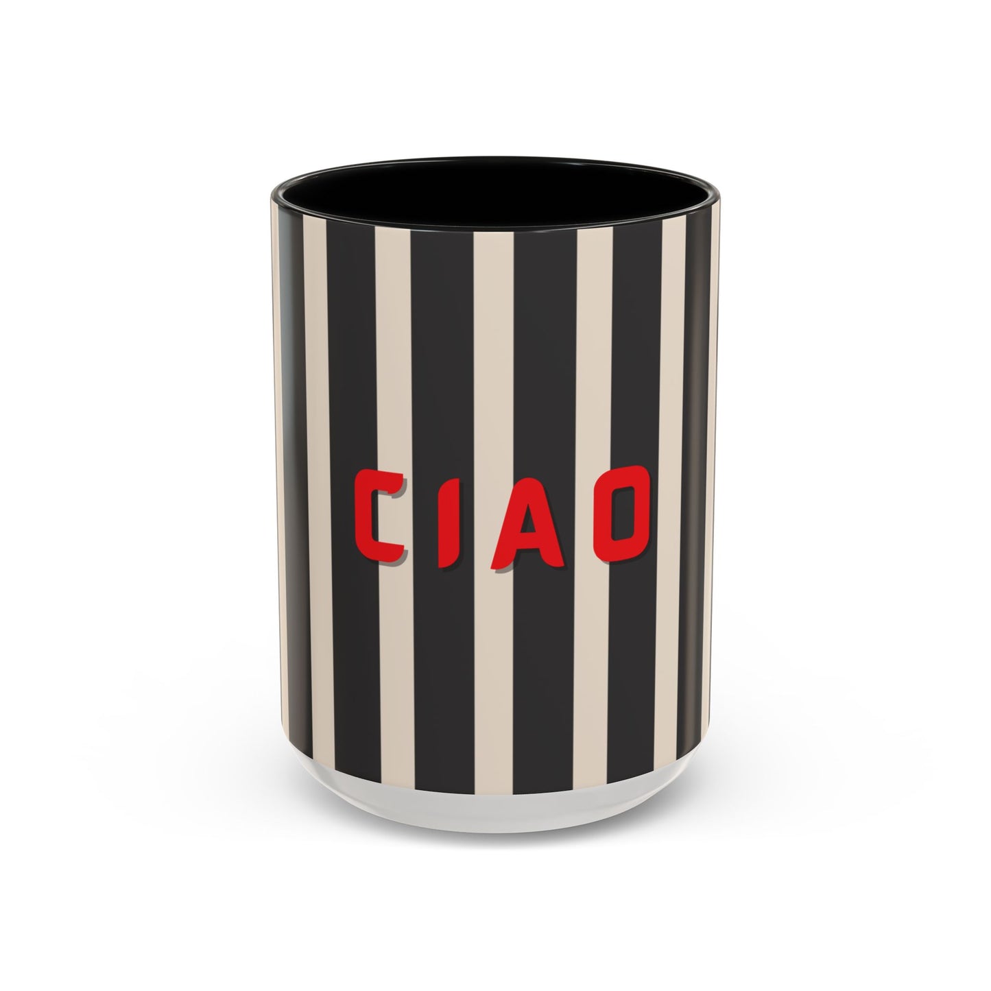 Ciao Accent Coffee Mug, BLACK | Black/White Striped Ceramic Cup