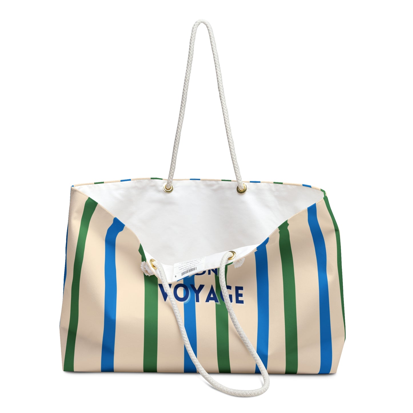 Striped tote bag with 'Voyage' text on a white background