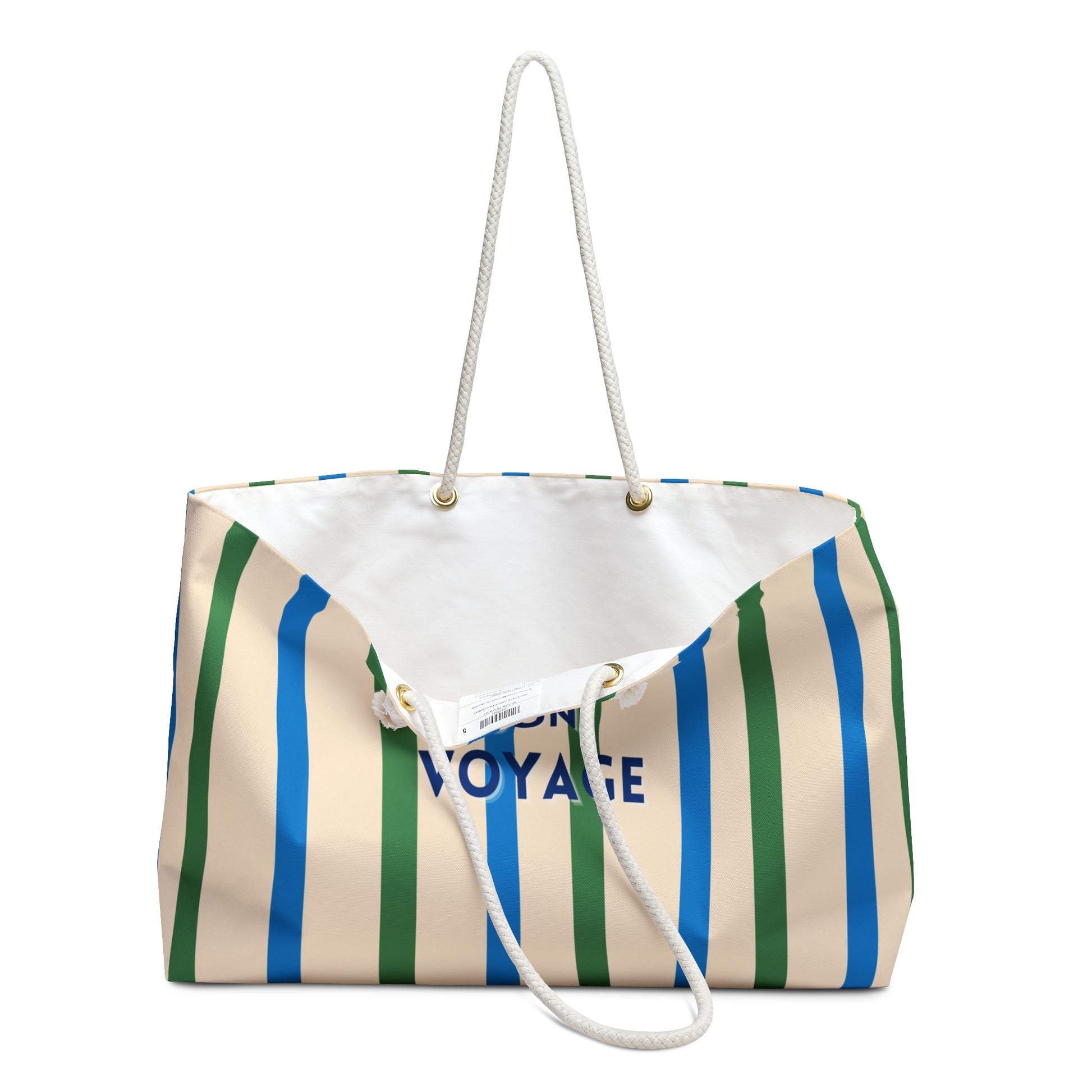 Striped tote bag with 'Voyage' text on a white background