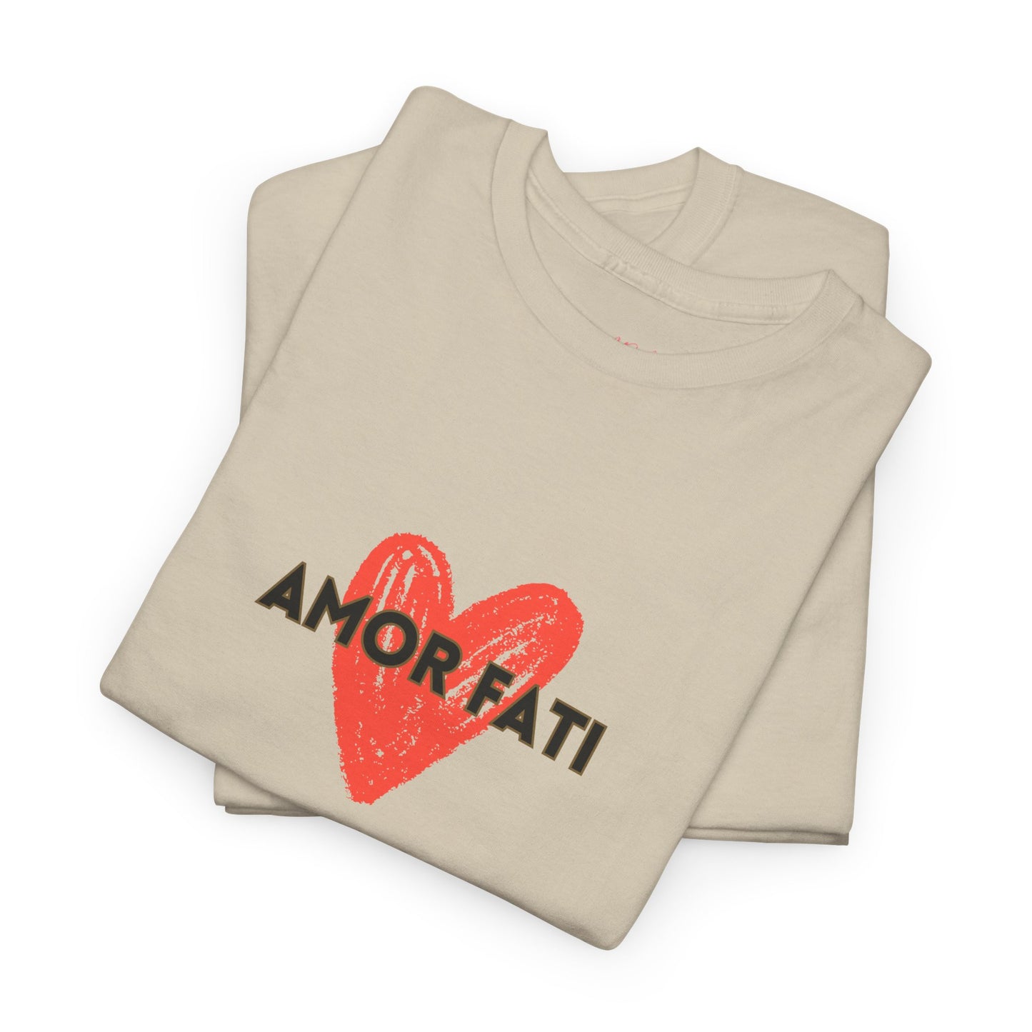 Beige t-shirt with red heart and black text on a white background