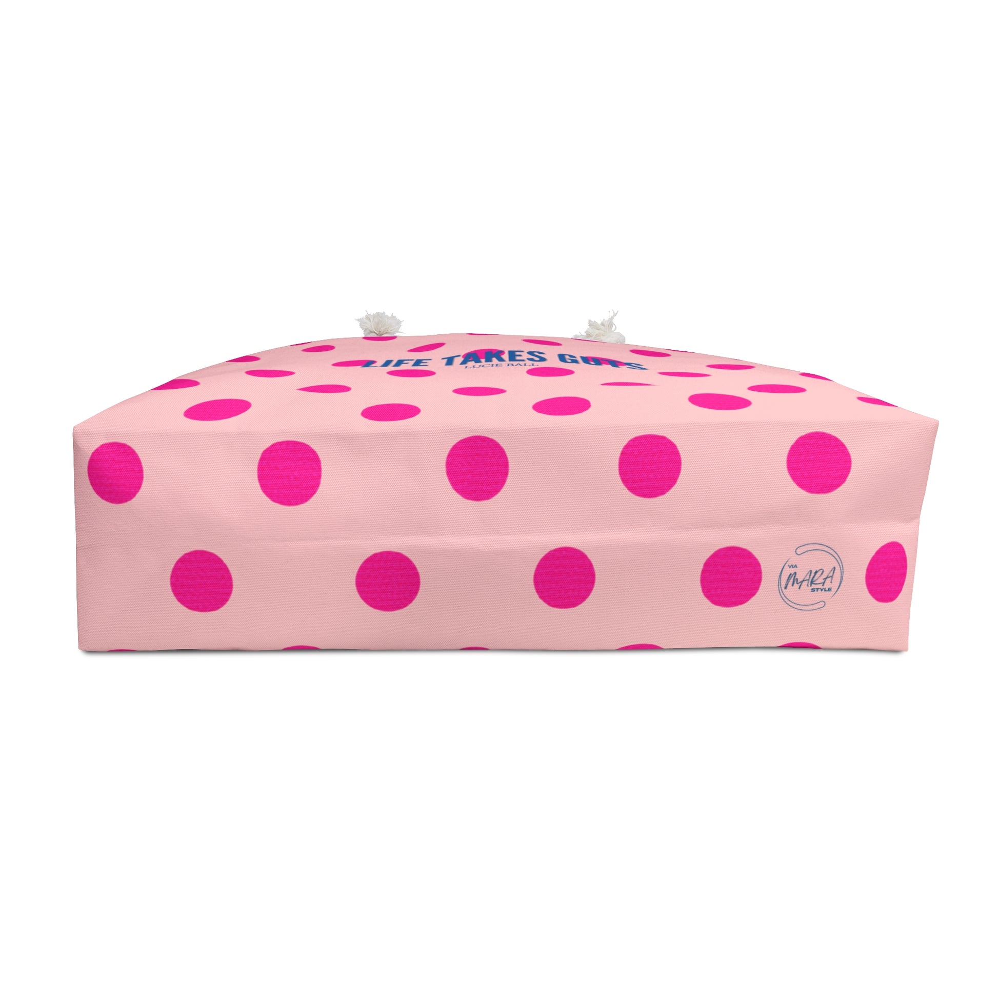 Pink polka dot cake box with 'Life Takes Girls' text on a white background