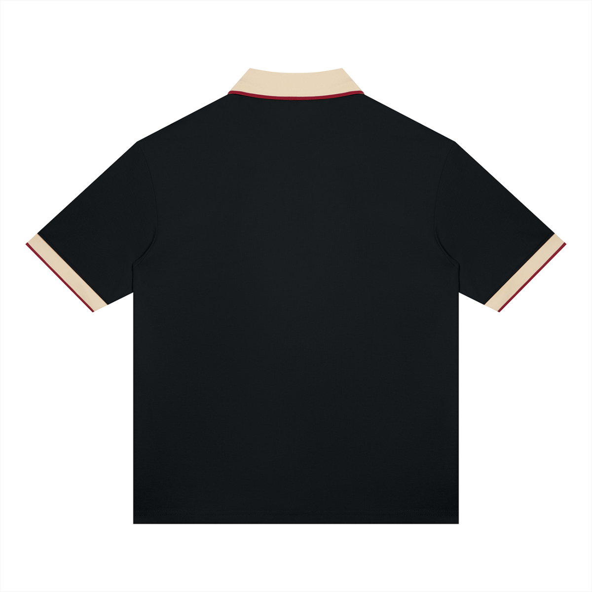 A black short-sleeve polo shirt shown from the back, featuring a beige collar with a thin red stripe and matching beige sleeve cuffs with red stripes, set against a plain white background.